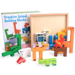 Blocs d’empilage en bois, 13 animaux – Jeu éducatif pour enfant