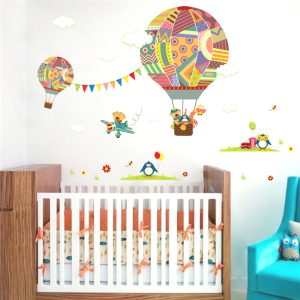 Sticker mural enfant – Animaux, montgolfière et avion