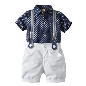 Ensemble bébé garçon bleu et blanc – Pantalon, chemise et bretelles