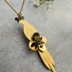 Collier sautoir TIFANIE pendentif perroquet doré