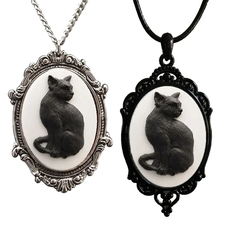Collier pendentif camée Chat Noir Gothique – Image 3
