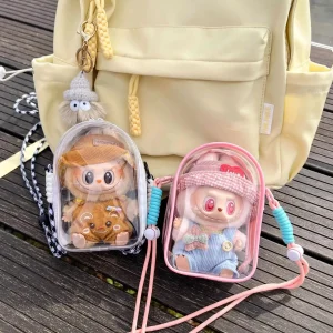 Étui de Protection Labubu 15 cm – Sac PVC Transparent Étanche et Anti-Poussière avec Bouton et Sangle Portable