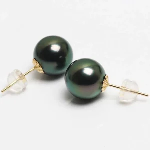 Black Tahitian Pearl Earrings Women,Round Pearl Stud Earring 18k Gold AU750 Fine Jewelry Anniversary Gift
