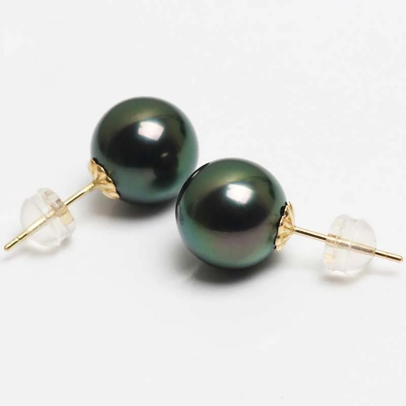Black Tahitian Pearl Earrings Women,Round Pearl Stud Earring 18k Gold AU750 Fine Jewelry Anniversary Gift