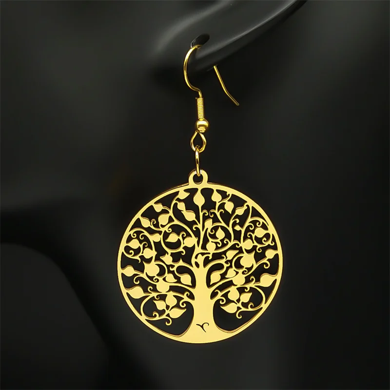 Fashion Tree of Life Stainless Steel Earrings Silver Color Women Dangle Earring Amulet Life Tree Jewelry Party Gift E545S01 – Image 4
