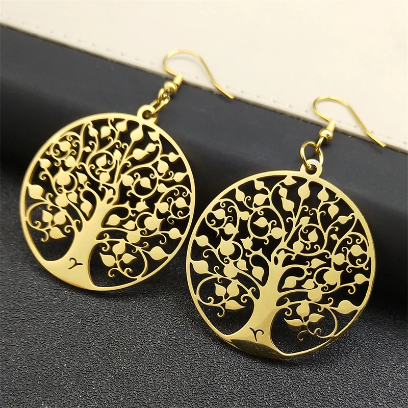 Fashion Tree of Life Stainless Steel Earrings Silver Color Women Dangle Earring Amulet Life Tree Jewelry Party Gift E545S01 – Image 2