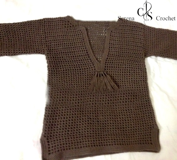 Pull femme marron aux pompons au crochet – Image 3